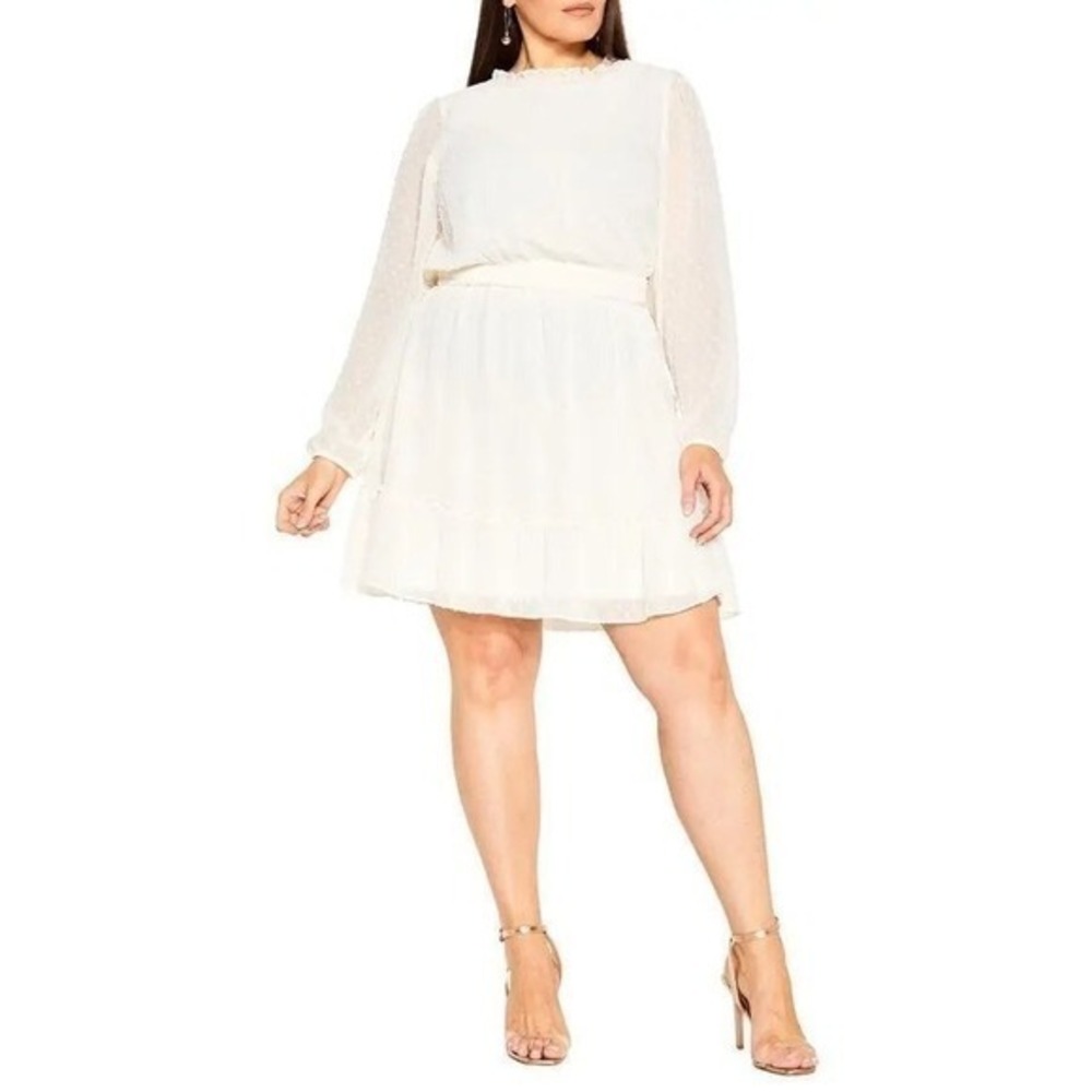 City Chic Dobby Long Sleeve Tiered Mini‎ Dress Womens 18 Ivory Cottage Romantic